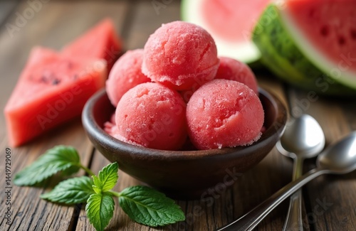 Obraz na płótnie Balls of delicious watermelon sorbet in bowl on wooden table. Fresh fruit slices, mint leaves, spoons. Dessert, cold, sweet treat. Refreshing summer snack. w salonie