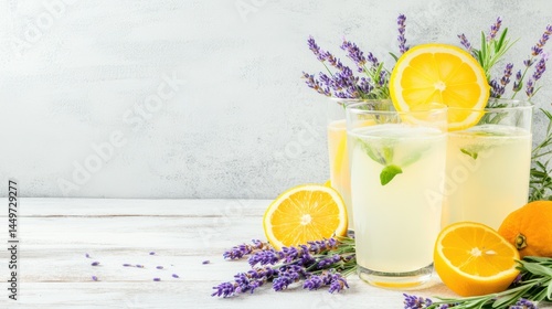 Obraz na płótnie Refreshing Citrus Delight: A beautifully styled composition features glasses of zesty lemonade, adorned with fresh lavender and sliced citrus fruits, offering a visually enticing taste of summer. w salonie