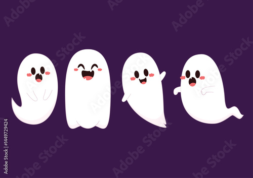 Cute ghost floating with Halloween. Funny spooky boo character. Spook phantom with happy smiling face expression. Isolated kids flat vector illustration.