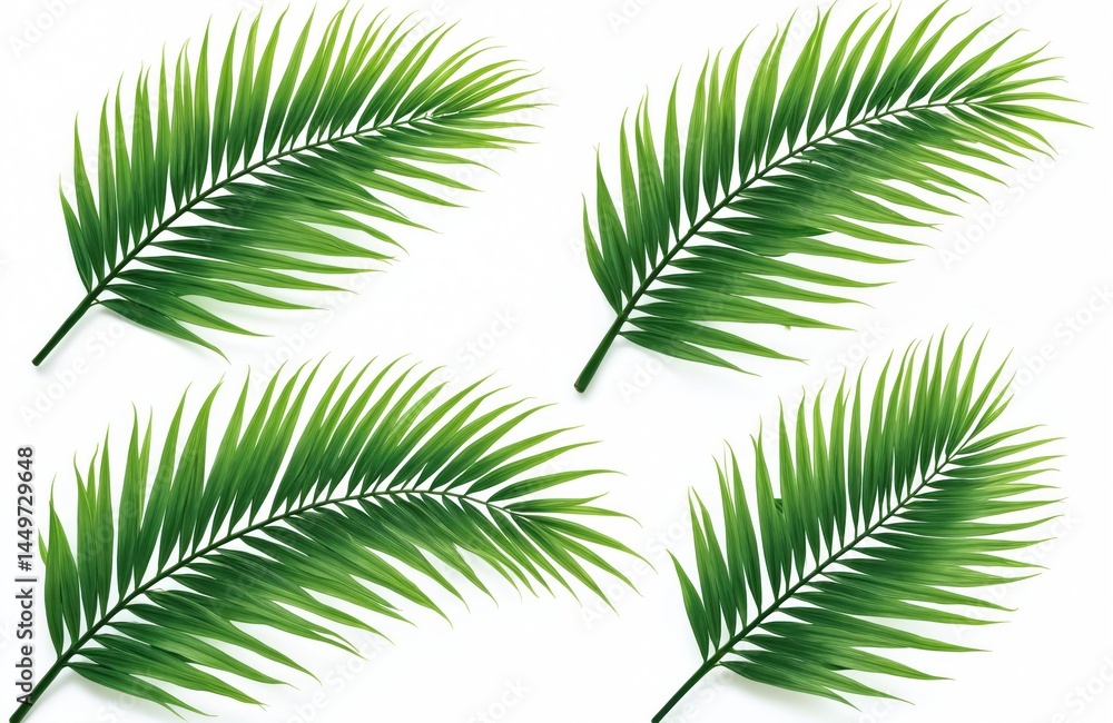 Illustration of four green palm leaves isolated on white backdrop. Tropical foliage nature concept. Design element, leaf branch graphic art for decoration. Summer vacation symbol or eco theme.