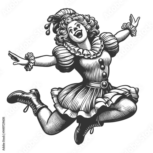 joyful clown mid-jump, wearing a vintage ruffled outfit with striped pants and playful expression sketch engraving generative ai vector illustration. Scratch board imitation. Black and white image.