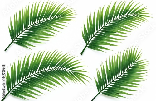 Obraz na płótnie Illustration of four green palm leaves isolated on white backdrop. Tropical foliage nature concept. Design element, leaf branch graphic art for decoration. Summer vacation symbol or eco theme. w salonie