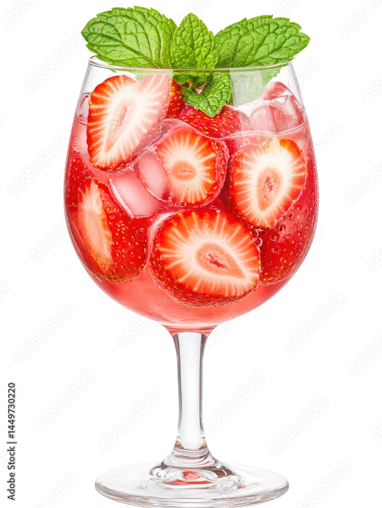 Strawberry and Mint Cocktail: A refreshing summer cocktail featuring a vibrant mix of sweet strawberries, cool mint, and ice cubes in a crystal-clear glass. It's a picture of summer delight.