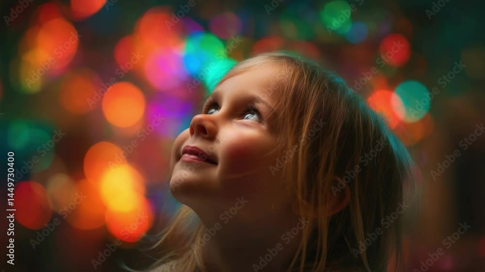 Wonder in the Glow: A little girl, eyes wide with wonder, stares up at a mesmerizing array of colorful bokeh lights, capturing the innocent delight of childhood imagination. Wonder in the Glow: A little girl, eyes wide with wonder, stares up at a mesmerizing array of colorful bokeh lights, capturing the innocent delight of childhood imagination.