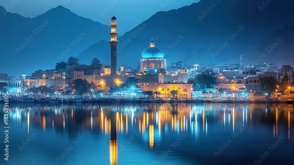 Fototapeta premium Vibrant night cityscape reflected in tranquil water.