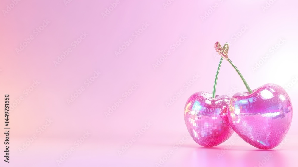 Cherry Duet: A visually captivating image showcasing a pair of cherries on a pink backdrop, rendered with precision and detail. Cherries are a timeless symbol of sweetness and purity.