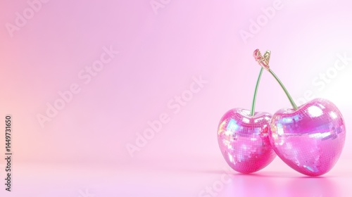 Obraz na płótnie Cherry Duet: A visually captivating image showcasing a pair of cherries on a pink backdrop, rendered with precision and detail. Cherries are a timeless symbol of sweetness and purity. w salonie