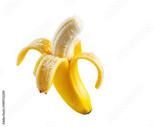 One banana with peeled skin on white background
