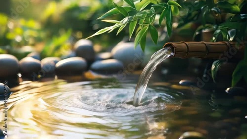 Tranquil water feature, flowing from bamboo pipe into a small pond, surrounded by smooth stones and greenery.  Peaceful garden scene