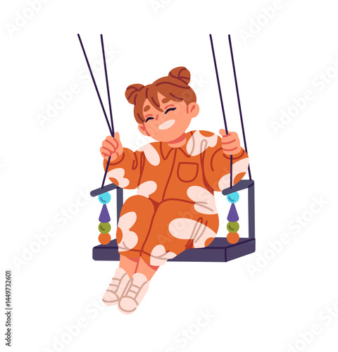 Happy little girl laughing, has fun, swings. Child in cute costume sits, smiles, rides on hanged on rope plank. Joyful kid plays on playground. Flat isolated vector illustration on white background
