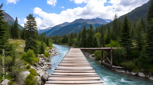 A wooden stretch bridge over a beautiful mountain river