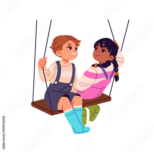 Happy baby friends ride on rope swings together. Cute children sit, have fun on hanged plank outdoors. Kids, boy and girl play on playground. Flat isolated vector illustration on white background