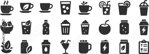 Beverages and smoothies glyph icon set. Vector pictograms of protein, shake, detox, kombucha, sparkling water bottle, takeaway, almond milk, black sign silhouette illustration.