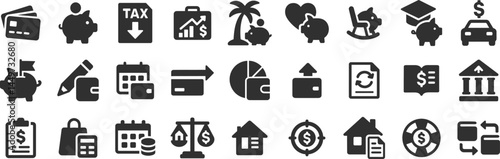 Personal finance planning glyph icon set. Vector pictograms of education, graduation, car, purchase, debt, payment, pie, wallet, investment, mortgage, calendar, black sign silhouette illustration.