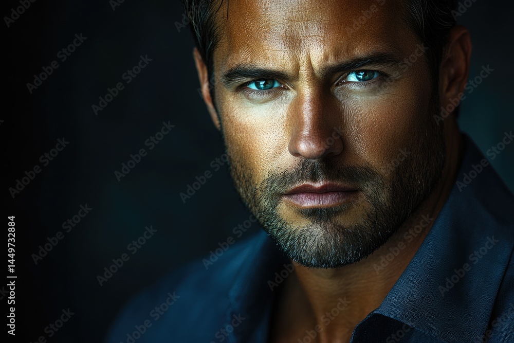 Close-up portrait of a handsome man with intense blue eyes and a well-groomed beard. Close-up portrait of a handsome man with intense blue eyes and a well-groomed beard.