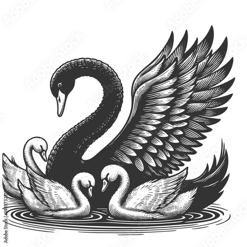 black swan surrounded by white swans, representing an outlier, rarity, or unexpected disruptive force sketch engraving generative ai vector illustration. Scratch board imitation. Black and white image