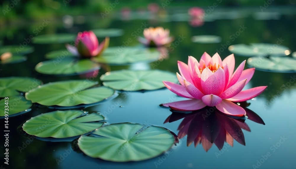 Water lilies and lotus blossoms create a vibrant floral pattern on a calm lake's surface , surface, flowers Water lilies and lotus blossoms create a vibrant floral pattern on a calm lake's surface , surface, flowers