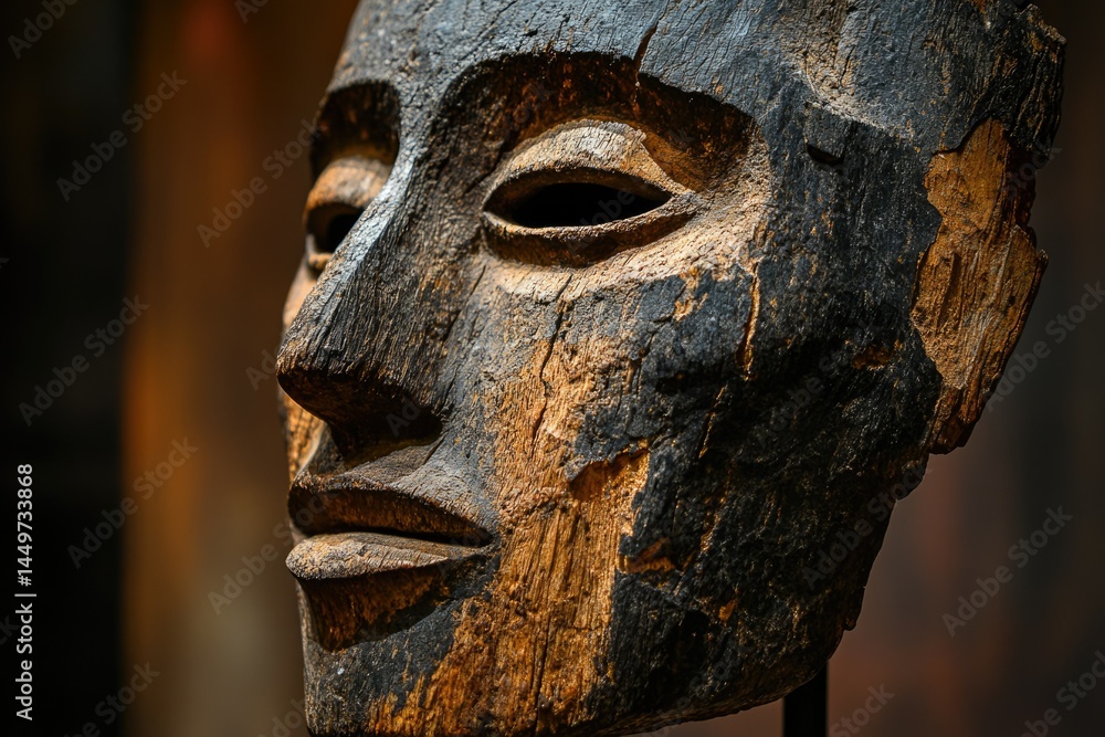 Ancient wooden mask, weathered and expressive, showing age and craftsmanship. Ancient wooden mask, weathered and expressive, showing age and craftsmanship.