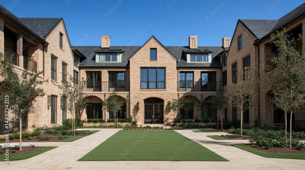 Clean symmetry of brick townhouse fronts with clear horizontal alignment and fresh lawn patches Clean symmetry of brick townhouse fronts with clear horizontal alignment and fresh lawn patches