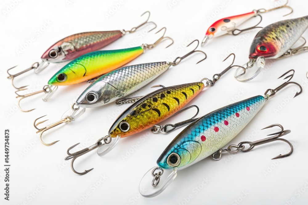 Colorful Fishing Baubles Displayed on a White Background Generative AI Colorful Fishing Baubles Displayed on a White Background Generative AI