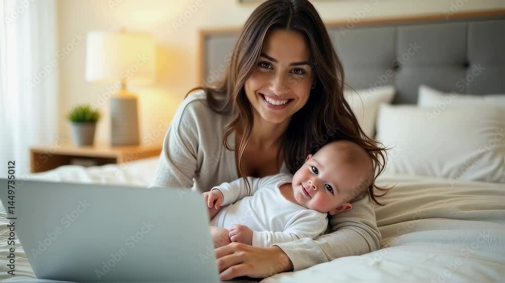 Smiling Mother Holding Baby on Bed with Laptop in Cozy, Sunlit Bedroom Smiling Mother Holding Baby on Bed with Laptop in Cozy, Sunlit Bedroom