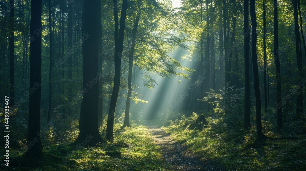 Fototapeta premium Sunlight beams through the trees in a dense green forest.