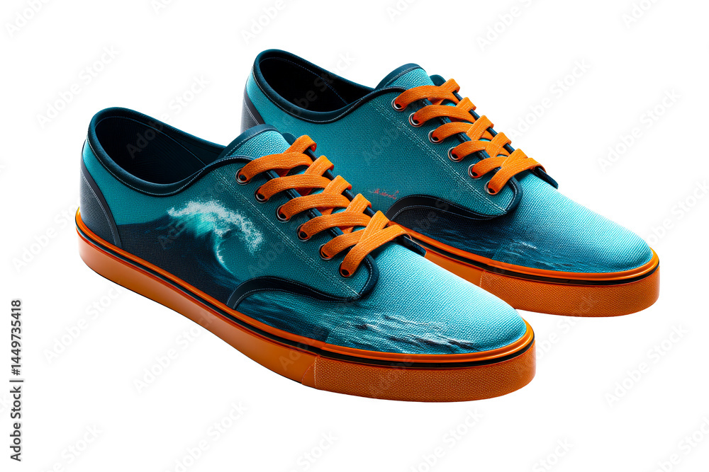 Colorful canvas shoes with ocean wave design on clear background Colorful canvas shoes with ocean wave design on clear background
