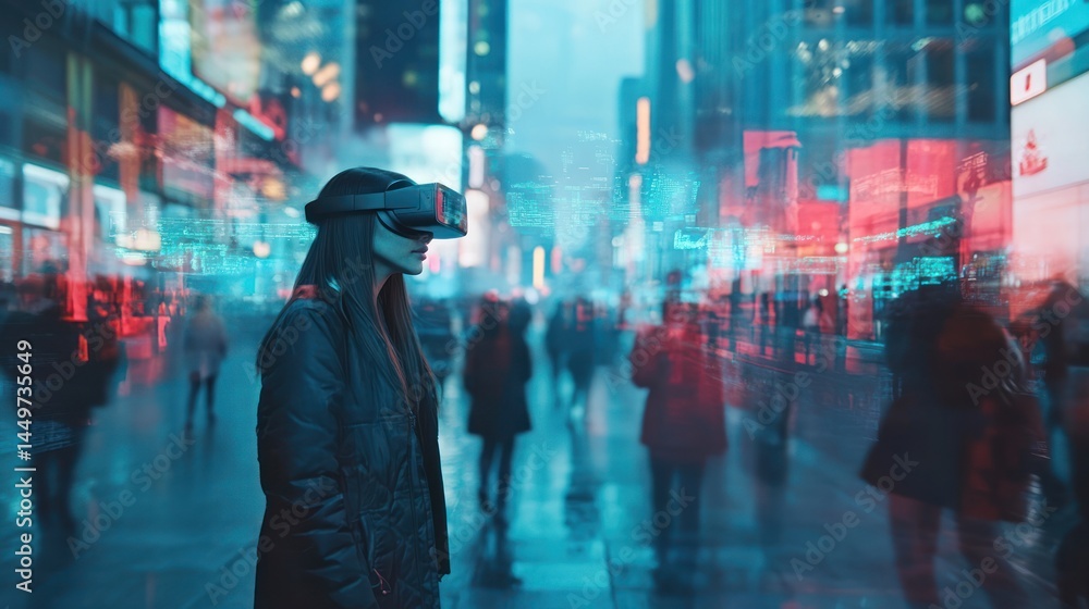 Obraz premium Immersive urban landscape: A woman's foray into virtual reality in the city