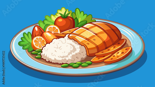 Juicy roast chicken filet meets fluffy rice.
Accompanied by crunchy steamed vegetables.
Ideal combination for healthy eating visuals.
Isolated for clean and flexible vector use.

