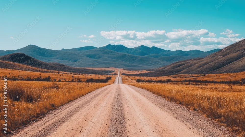 Golden blooms lining a dusty road under a cloudless sky shifting from deep blue to white Golden blooms lining a dusty road under a cloudless sky shifting from deep blue to white