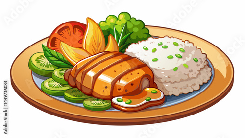 Juicy roast chicken filet meets fluffy rice.
Accompanied by crunchy steamed vegetables.
Ideal combination for healthy eating visuals.
Isolated for clean and flexible vector use.

