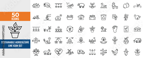 Eco Farm & Sustainable Agriculture Line Icon Set – Thin Linear Vector Symbols of Organic Farming, Renewable Energy, Irrigation, Recycling, Solar Panels, Wind Turbines & Livestock