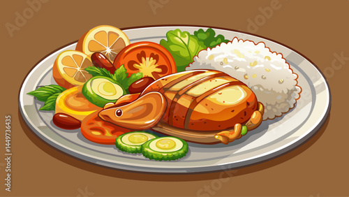 Juicy roast chicken filet meets fluffy rice.
Accompanied by crunchy steamed vegetables.
Ideal combination for healthy eating visuals.
Isolated for clean and flexible vector use.

