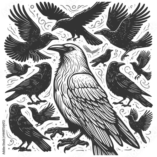 rare white crow surrounded by black crows, symbolizing uniqueness, nonconformity, and standing out from the crowd sketch engraving generative ai vector illustration. Scratch board. Black and white.