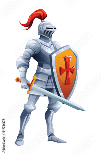 Medieval knight character in full armor holding sword and shield. Vector cartoon illustration
