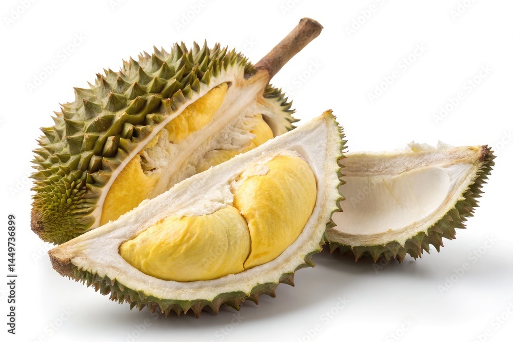 Fototapeta premium Durian Fruit Cut Open Revealing Rich Yellow Flesh and Aroma Generative AI