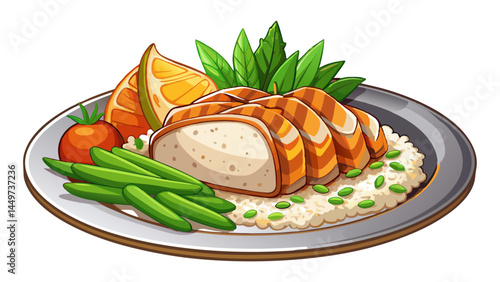 Juicy roast chicken filet meets fluffy rice.
Accompanied by crunchy steamed vegetables.
Ideal combination for healthy eating visuals.
Isolated for clean and flexible vector use.

