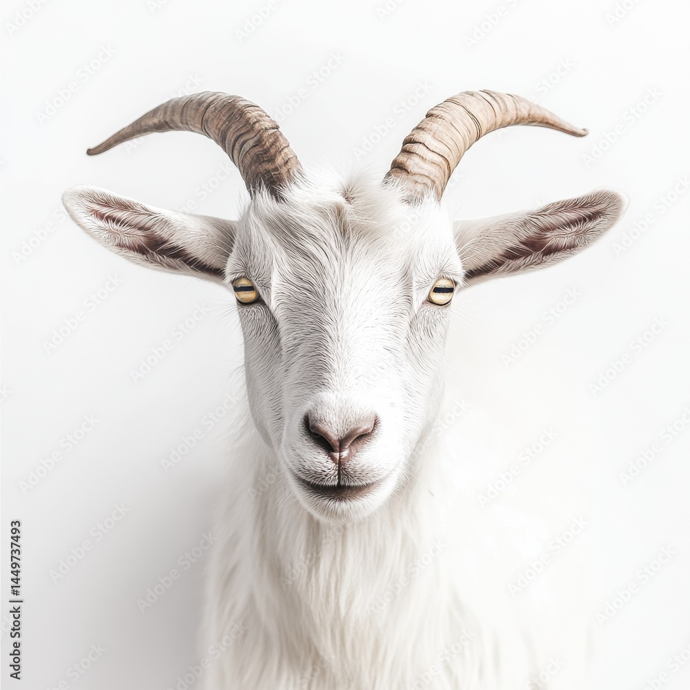 Portrait of a White Goat with Curved Horns on White Background Portrait of a White Goat with Curved Horns on White Background