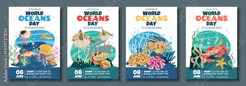 World Oceans Day Flyer Set Featuring Crab, tropical fish, lionfish and Pufferfish on Coral Reef. Flat Design Vector Templates for Marine Conservation Events, Beach Cleanups and Ocean-Themed Parties