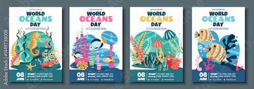 World Oceans Day Flyer Set Featuring tropical fish, seahorse and jellyfish on Coral Reef. Vector Templates for Marine Conservation Events, Beach Cleanups and Ocean-Themed Parties. Vector templates