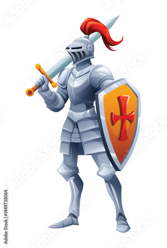 Medieval knight in shiny armor holding sword and shield. Vector cartoon character illustration