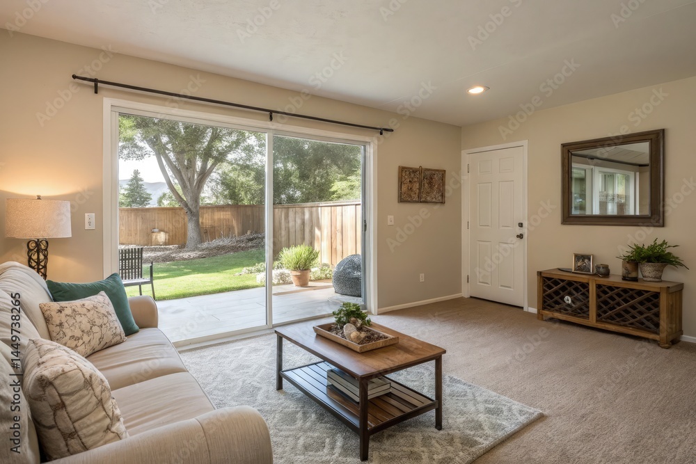 Cozy Empty Living Room With Sliding Glass Door and Natural Light Generative AI Cozy Empty Living Room With Sliding Glass Door and Natural Light Generative AI