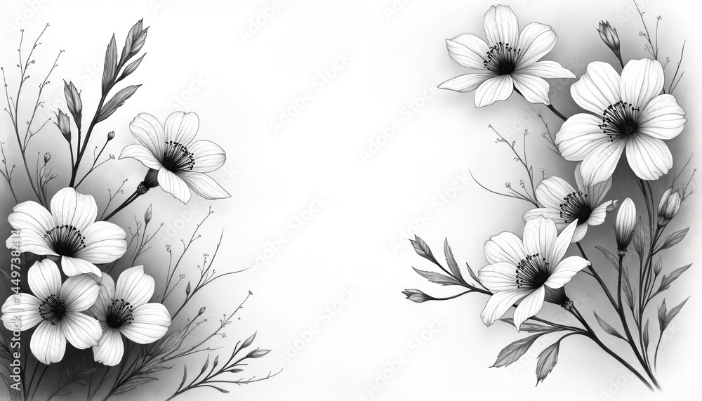 Illustration white flowers on black background. Hand drawn art with blossom, branches, leaves. Floral pattern, spring, summer, wedding, greeting cards, invitations, textile design.
