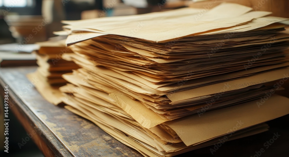 Obraz premium Papers On A Table. Stacked Documents on Office Desk for Organized Document Management System