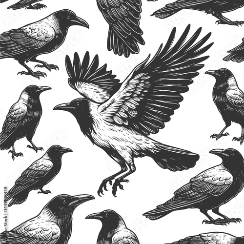 rare white crow surrounded by black crows, symbolizing uniqueness, nonconformity, and standing out from the crowd sketch engraving generative ai vector illustration. Scratch board. Black and white.