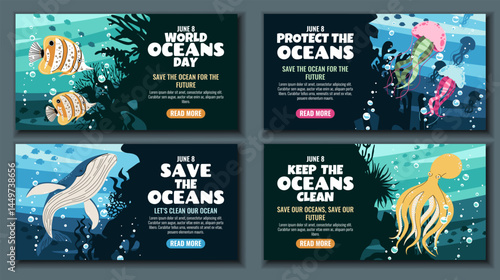 World Oceans Day Web Banner Set Featuring Octopus, Whale, Butterflyfish, Jellyfish on Coral Reef. Vector Templates for Marine Conservation Campaigns, Educational Websites and Eco-Friendly Promotions