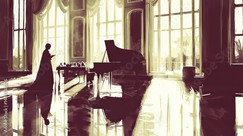 Grand Piano and Figure in Sumptuous Hall with Windows of Light Streaming