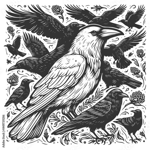 rare white crow surrounded by black crows, symbolizing uniqueness, nonconformity, and standing out from the crowd sketch engraving generative ai vector illustration. Scratch board. Black and white.