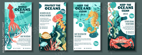 World Oceans Day Social Media Story Templates. Flat Design Squid, Jellyfish, Crab and Seahorse on Coral Reef. Perfect for Marine Conservation Posts, Aquarium Promotions and Ocean-Themed Brand Content.