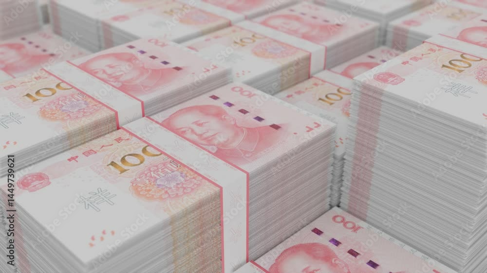 Close up shot china money yuan row bundle banknote stacking and camera slide dolly concept economy currency inflation or interest fund value loan debt investment.